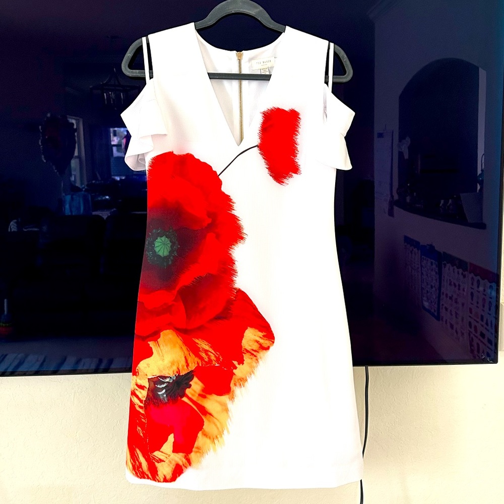 TED BAKER cold shoulder white dress with flower- size 2
